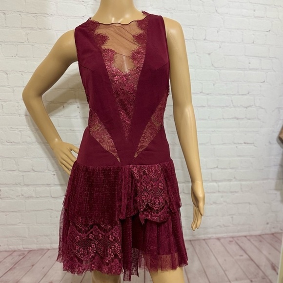 FREE PEOPLE “Dove Dress” Partial sheer Lace Drop waist tiered Skirt Size 10 GUC - Picture 2 of 16